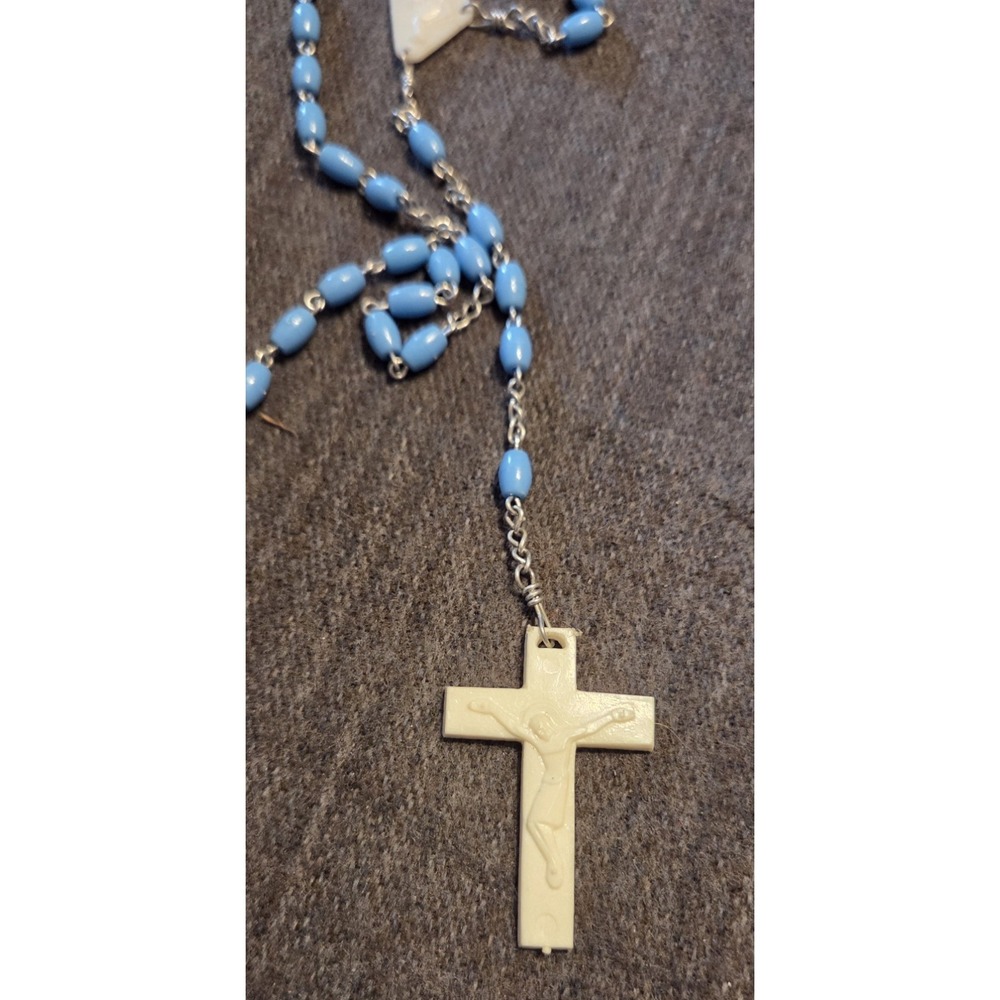 Light Blue Acrylic Beaded Rosary With White‎ Crucifix Cross 30" Catholic